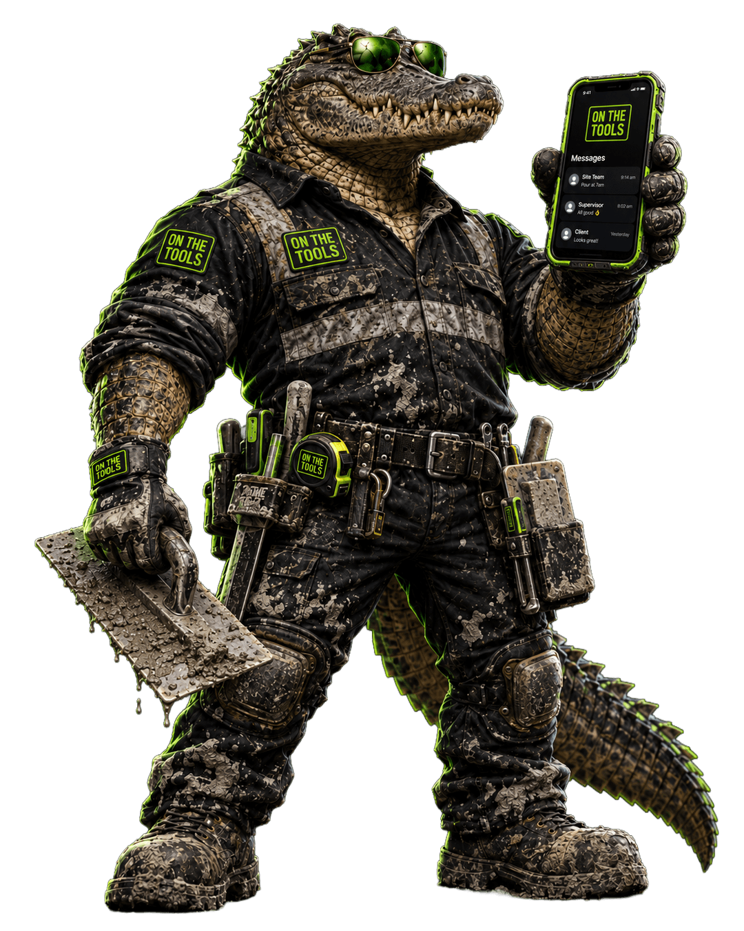 Crusher the croc holding a phone while missed concreting calls are handled by On The Tools