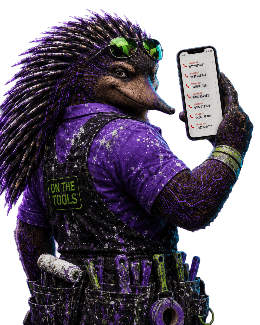 Brushy the painter holding a phone full of missed calls
