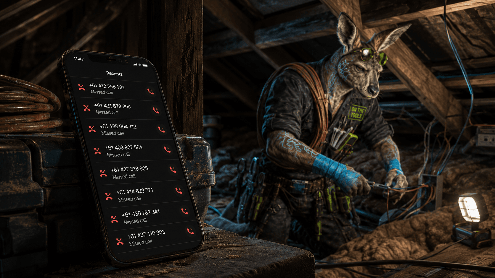 Sparky the electrician working at a switchboard while missed calls stack up