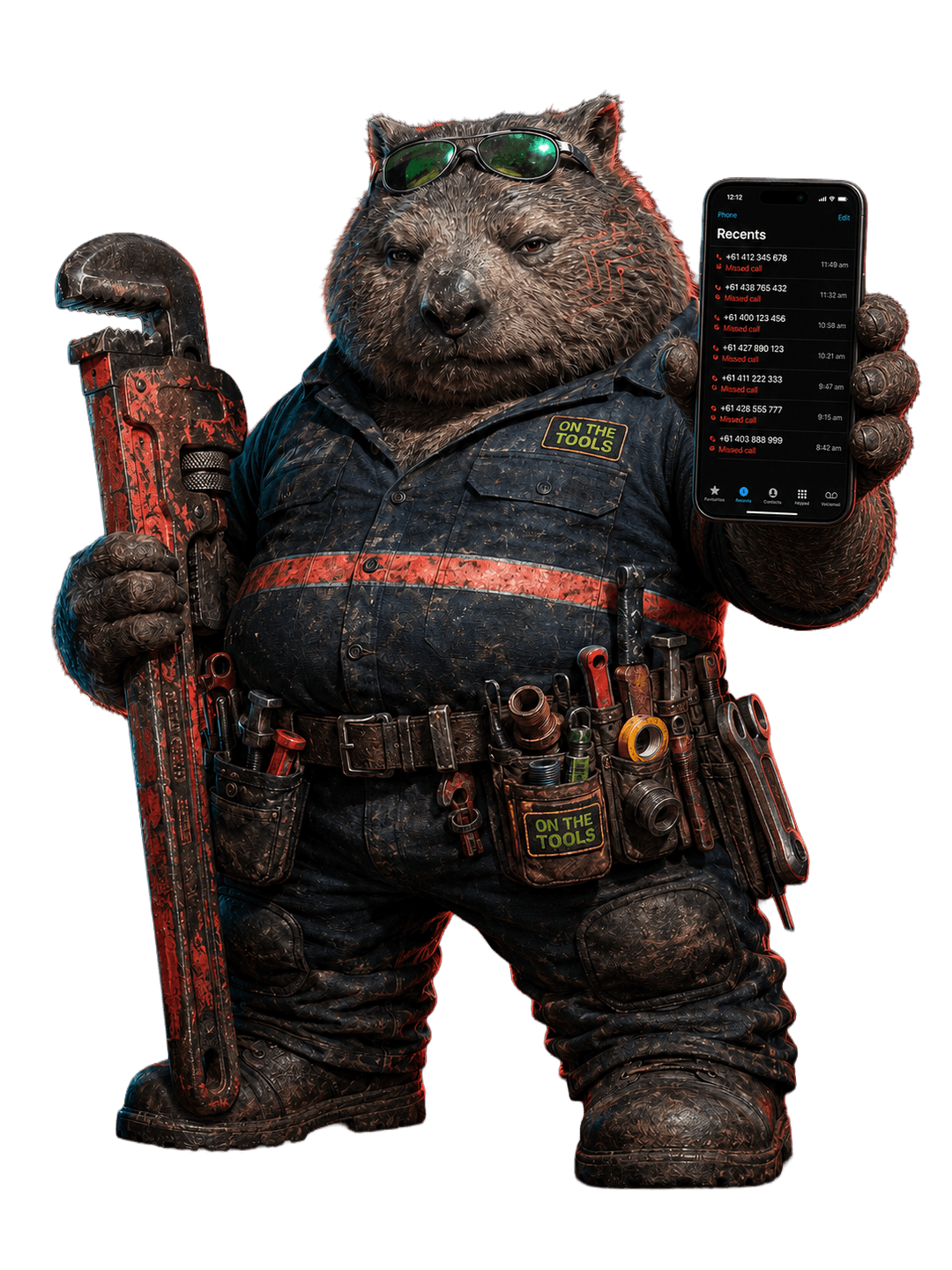Mudguts the plumber holding a phone full of missed calls