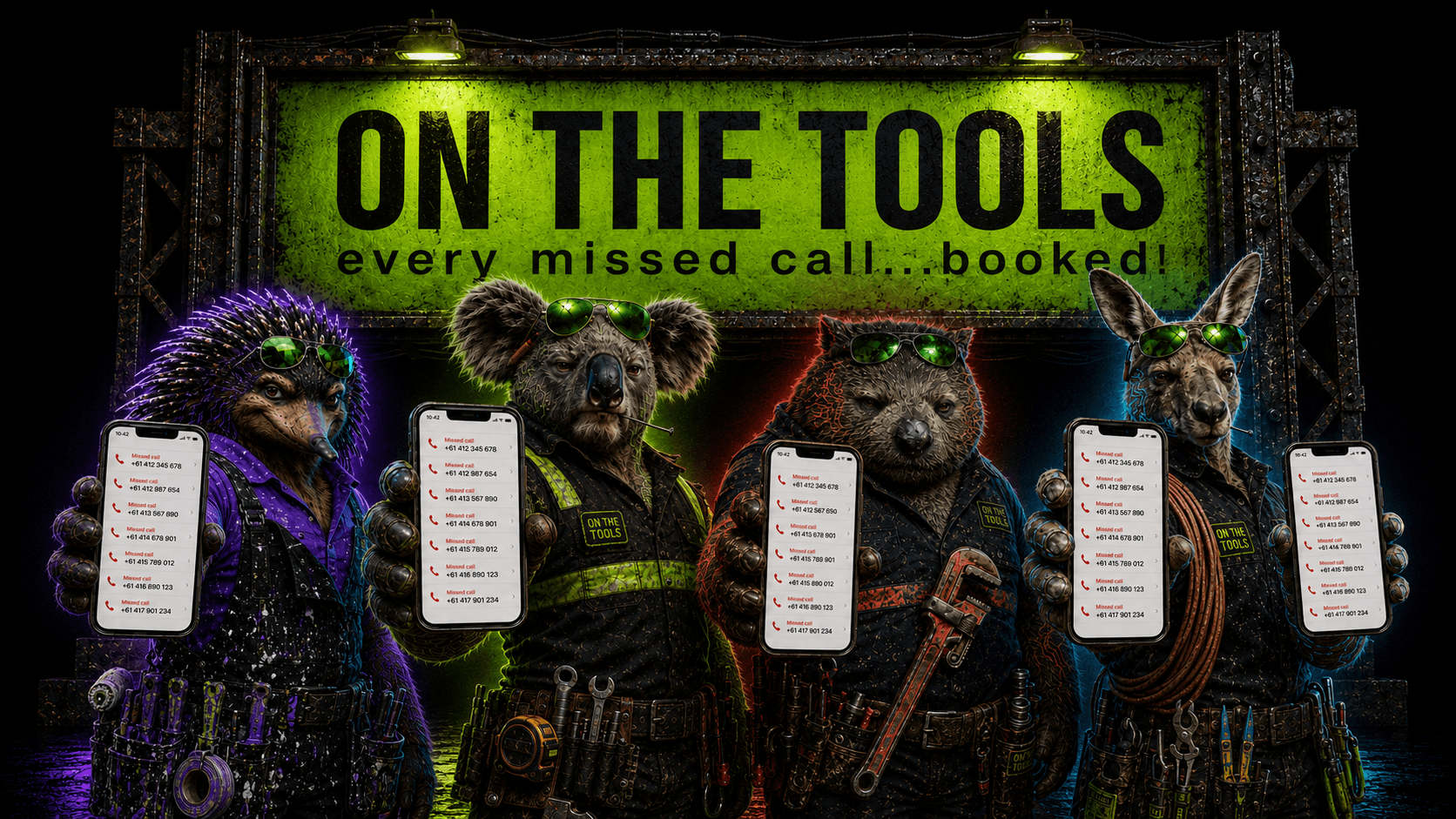 The On The Tools crew - Crusher, Sparky, Mudguts and Brushy