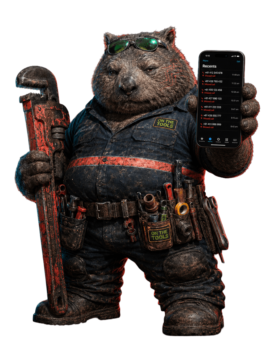 Wombat mascot holding a phone showing missed call text back from On The Tools